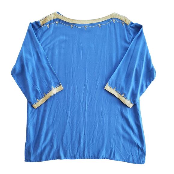 Boho Tunic Women L Blue Relaxed Top Lagenlook Peasant Hippie Coastal Embroidered - Picture 8 of 12